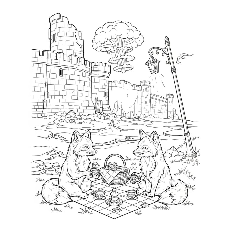 Black and White Fox Picnic Coloring Page