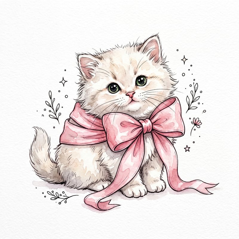 Watercolor Illustration of Fluffy Kitten