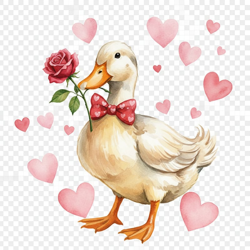 Watercolor Duck with Rose and Hearts