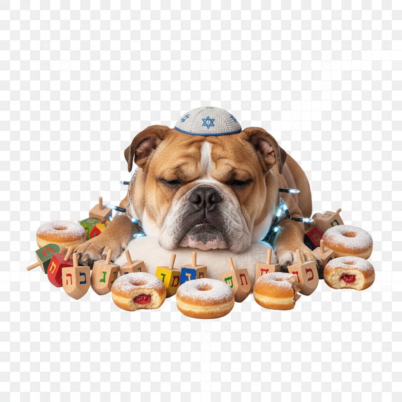 Sleepy Bulldog with Dreidels and Donuts