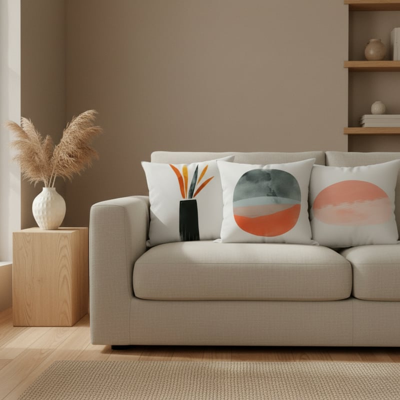 Japandi Throw Pillows on Neutral Sofa