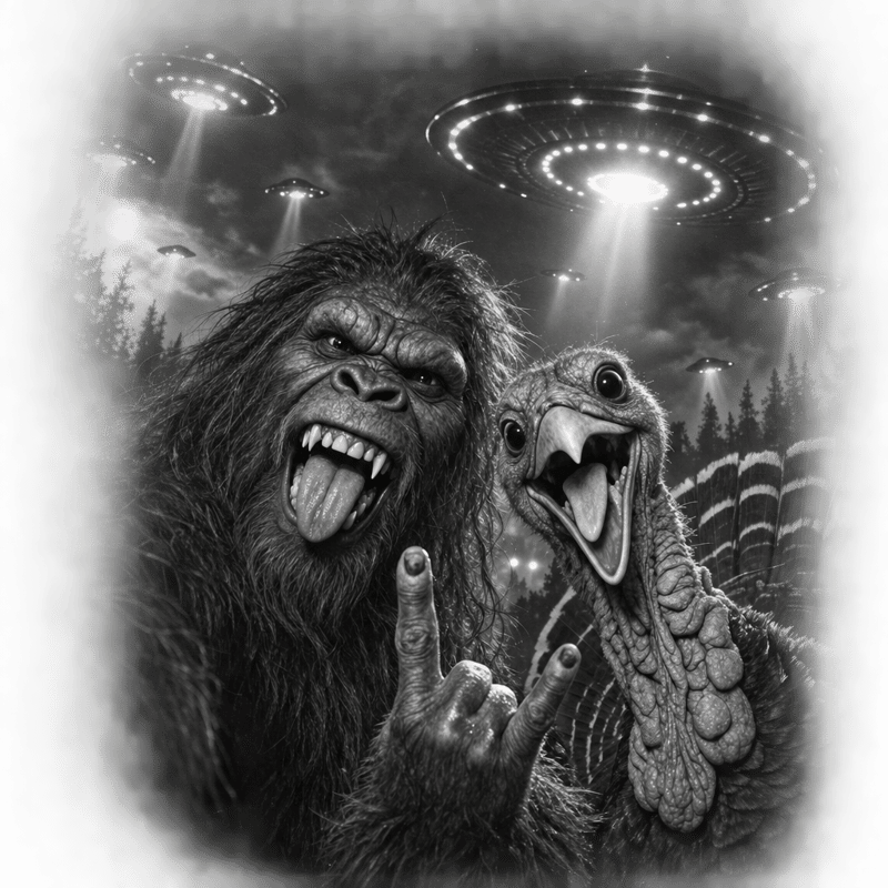 Greyscale Bigfoot & Turkey UFO Invasion