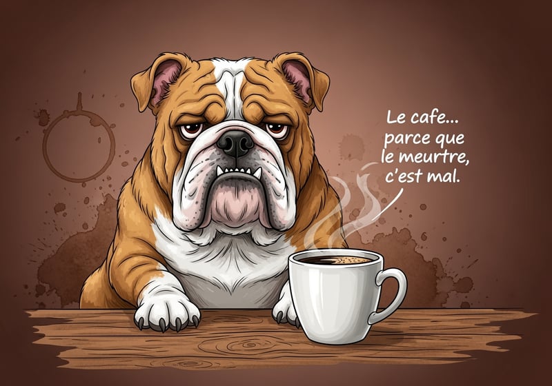 Grumpy Bulldog with Coffee Mug