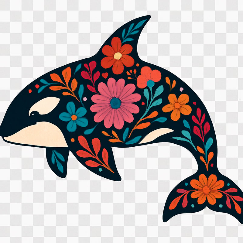Boho Floral Killer Whale Illustration