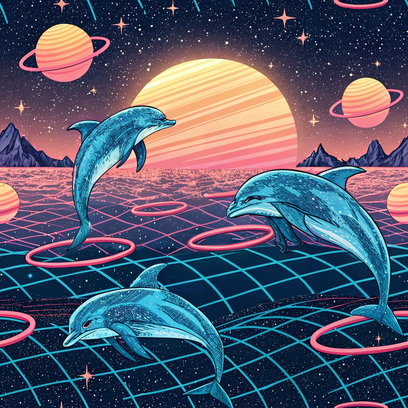 Electric-Blue Dolphins in Synthwave Ocean