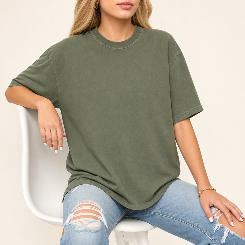 Blonde Woman in Oversized Green T-Shirt