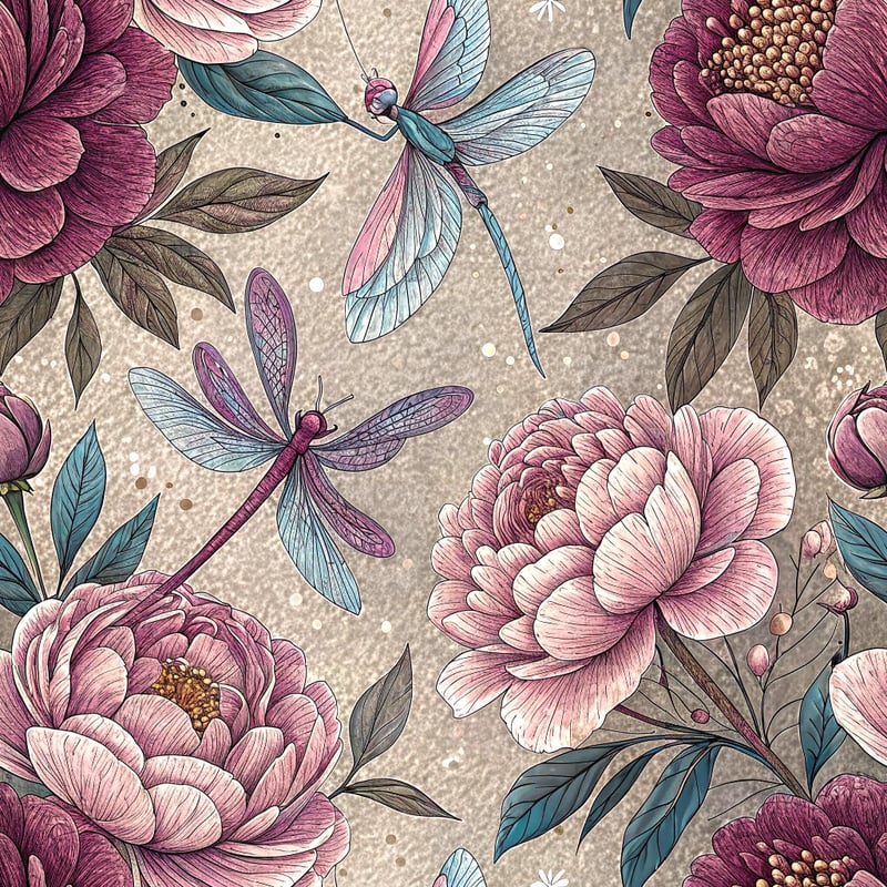 Hand-drawn Peonies and Dragonflies Pattern