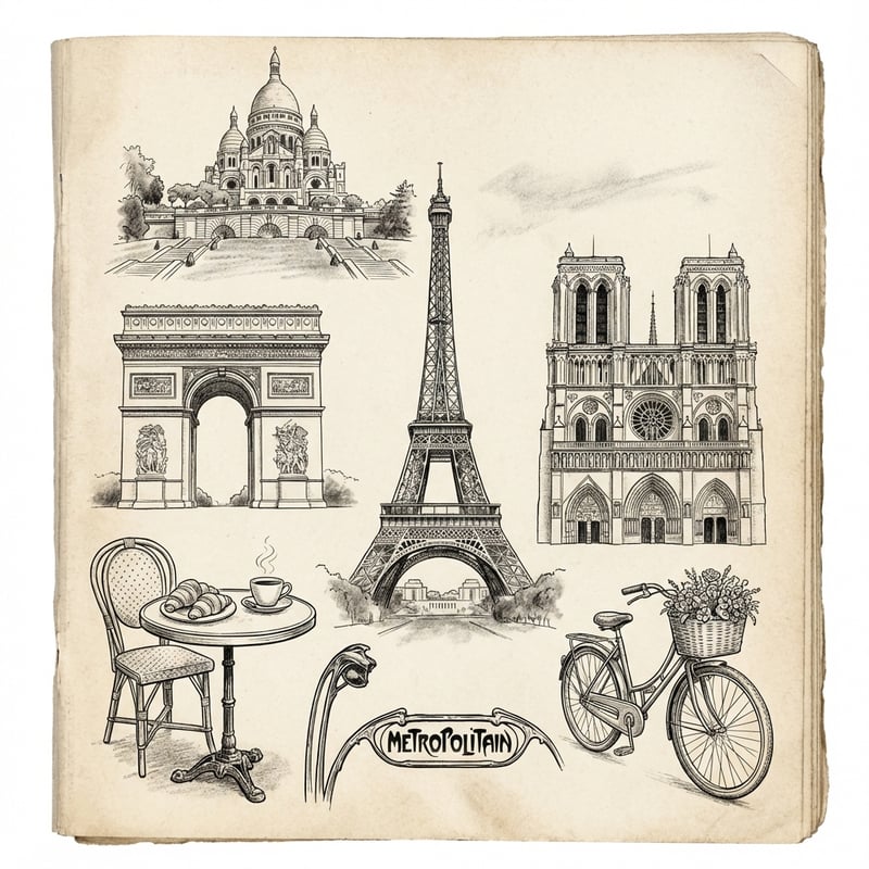 Vintage Paris Landmarks Ink Sketch