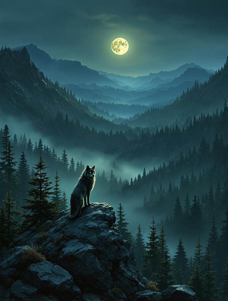 Lone Wolf in Moonlit Forest