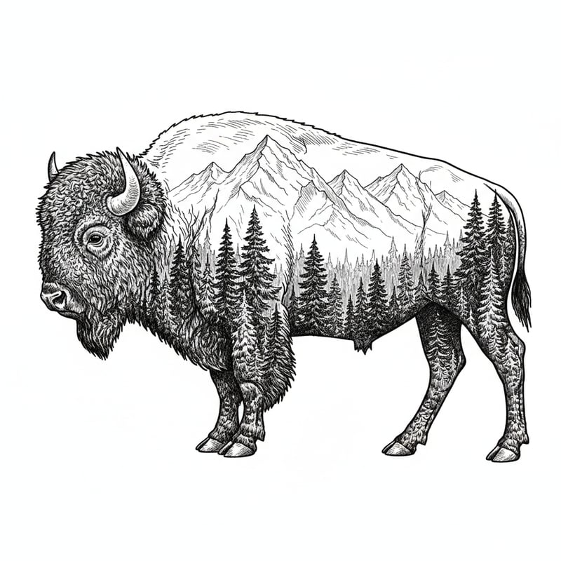 Black and White Bison Nature Illustration