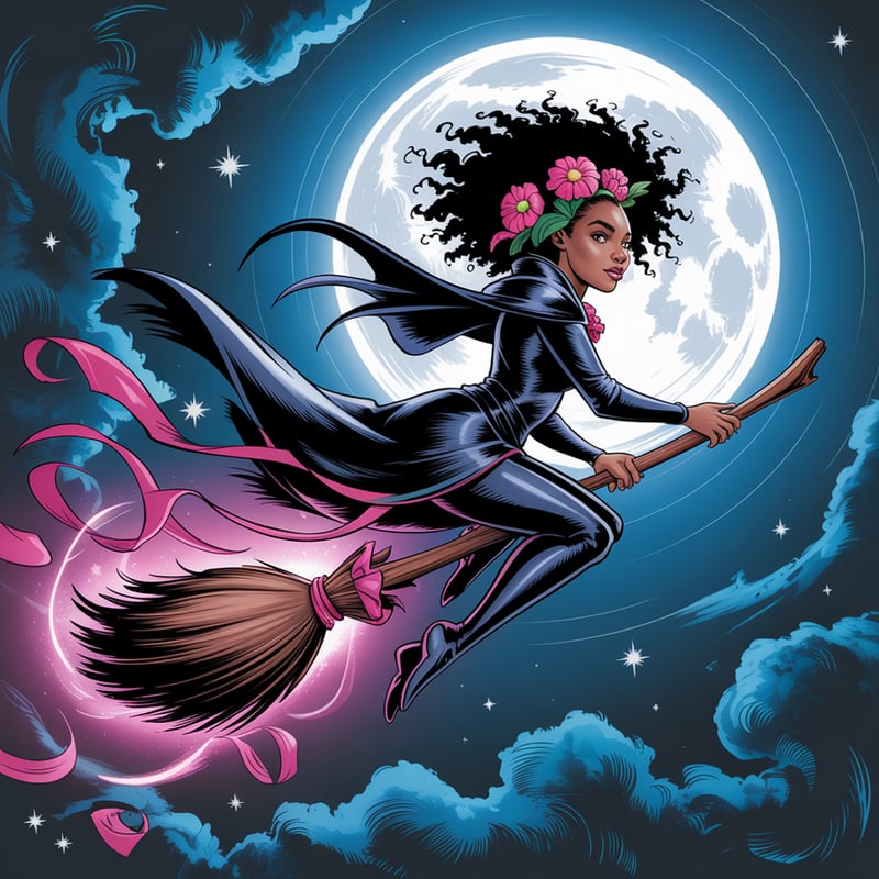 Black Witch Flying at Night