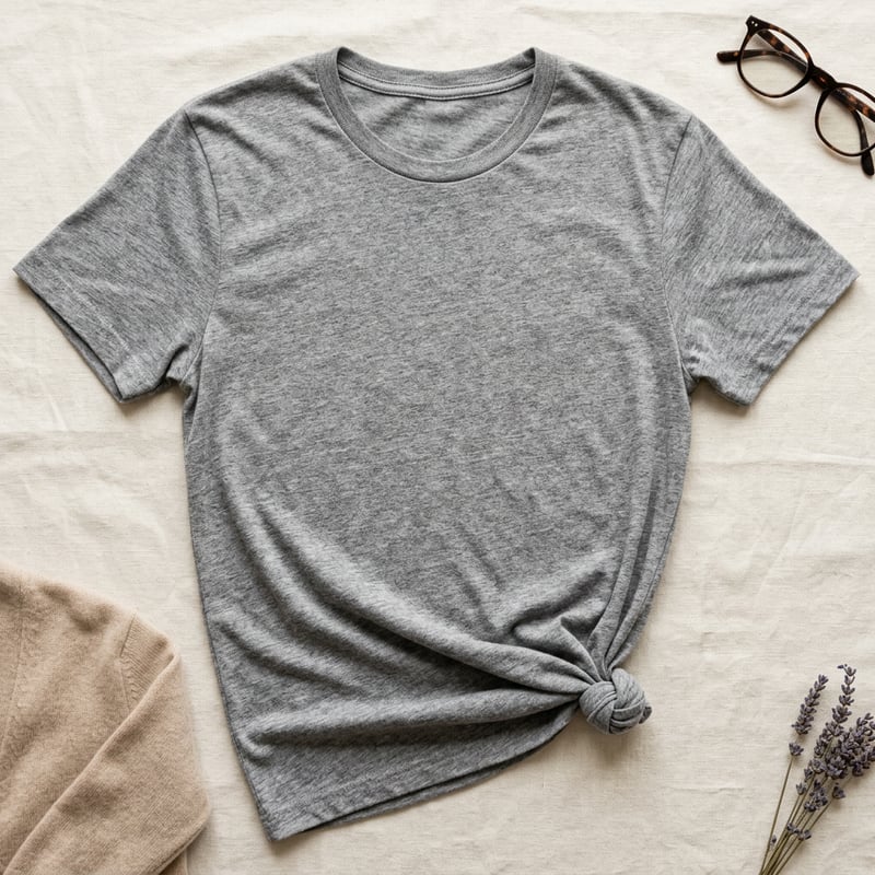 Photorealistic Grey Crew Neck T-Shirt Flat Lay