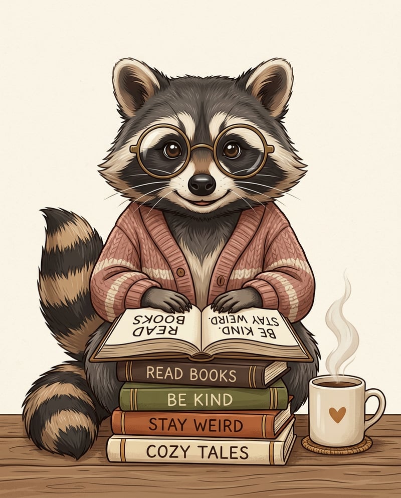 Whimsical Bookish Raccoon Illustration
