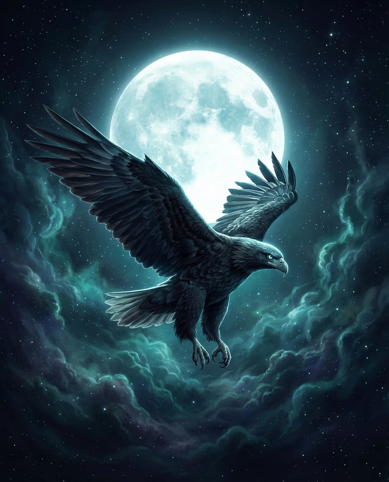 Surreal Cosmic Eagle Soaring at Moon