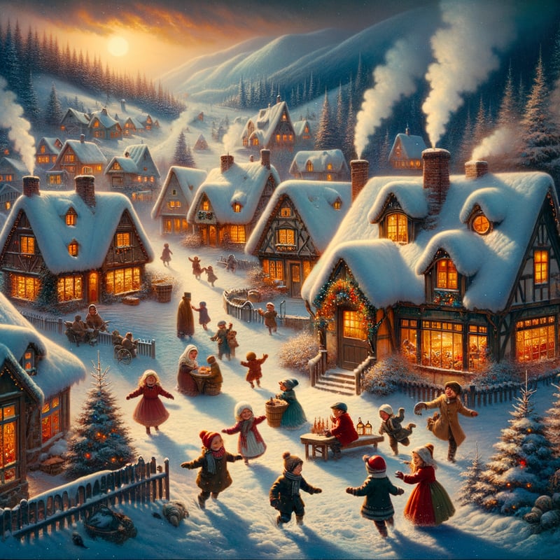 Vintage Snowy Village Holiday Scene