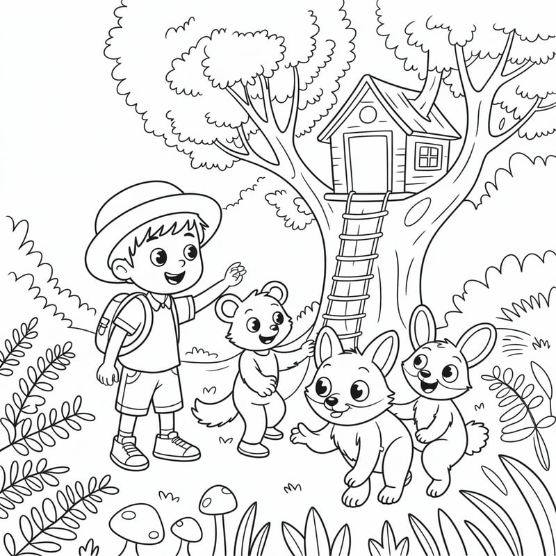 Kids Coloring Book Scene: Treehouse Adventure