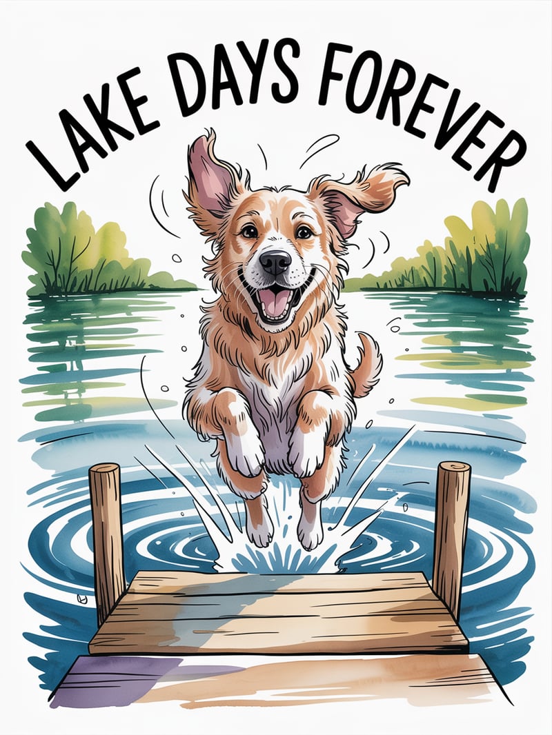 Watercolor Dog Jumping into Lake