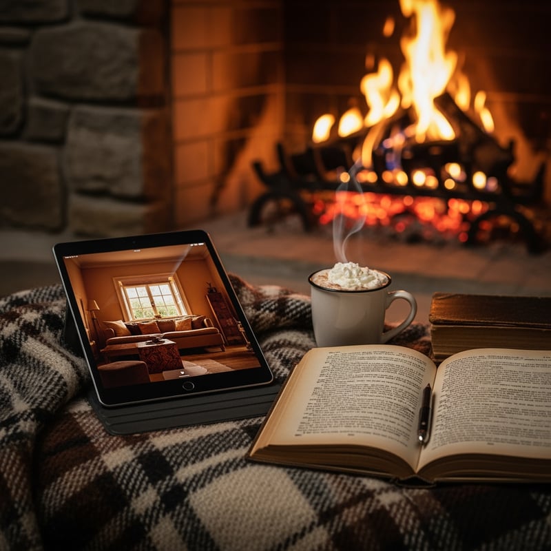 Cozy Fireplace Setup with iPad and Book