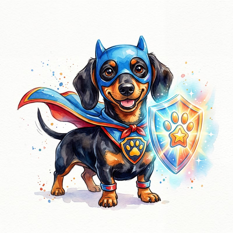 Dachshund Superhero with Glowing Shield