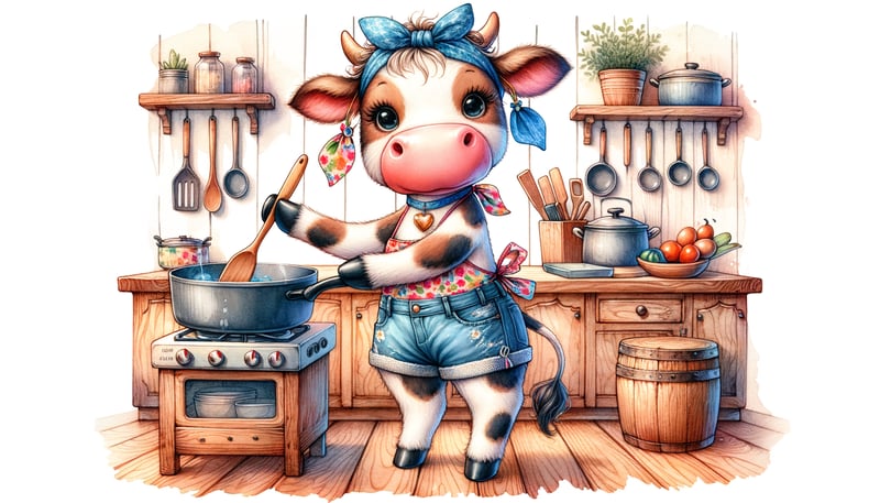 Whimsical Cow Cooking Watercolor Art