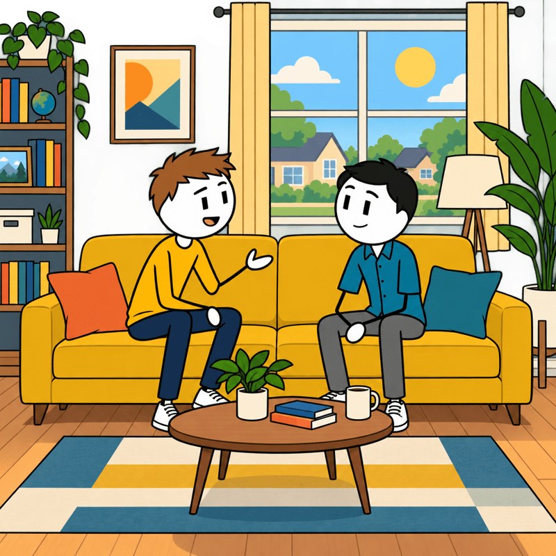 Flat 2D Conversation on Mustard Sofa