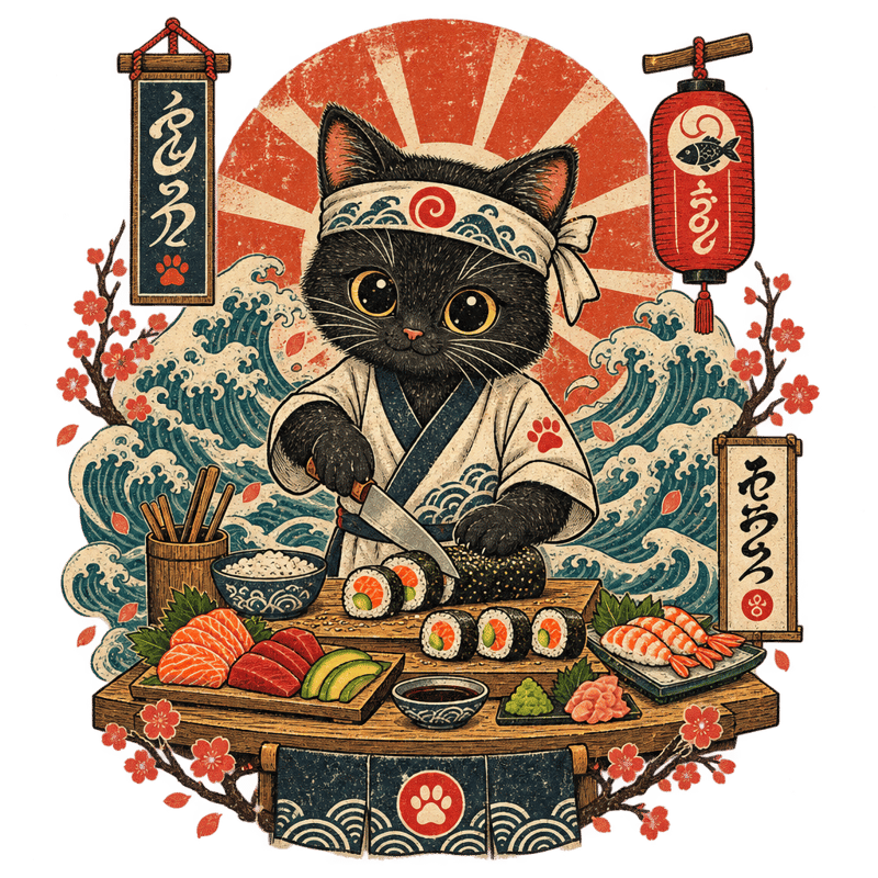 Vintage Japanese Cat Sushi Chef