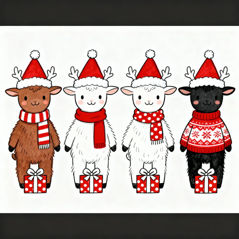Whimsical Christmas Baby Goats Illustration