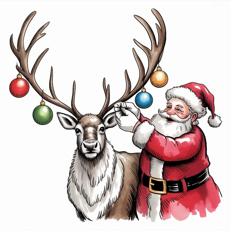 Santa Decorating Reindeer with Baubles