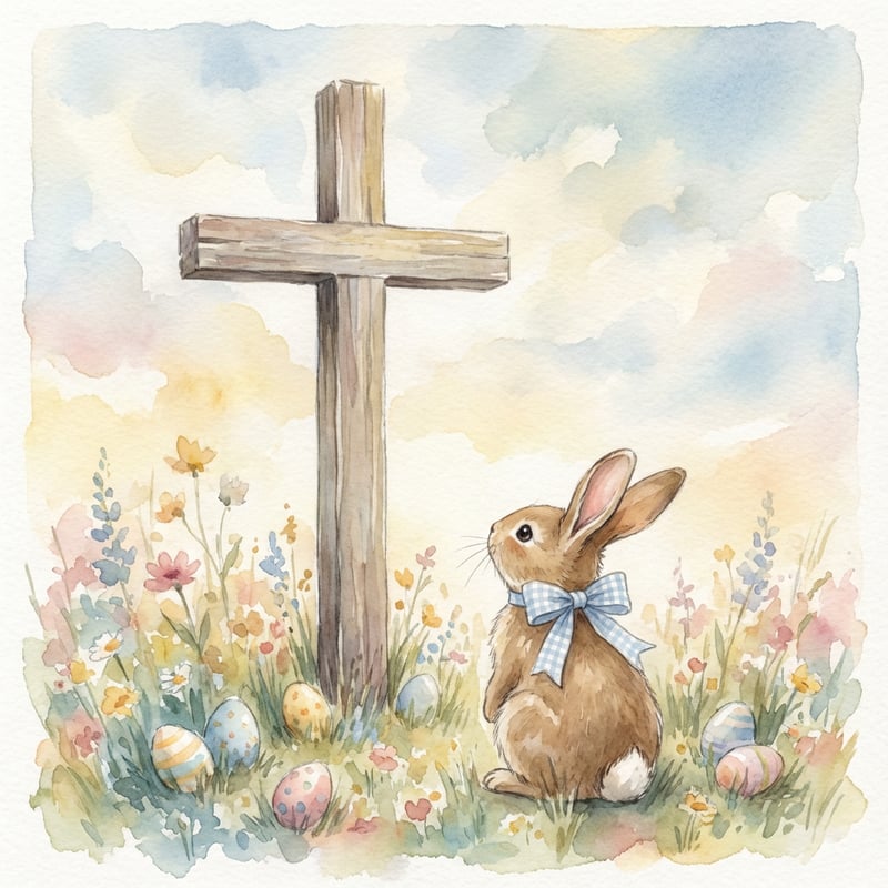 Watercolor Easter Bunny with Cross