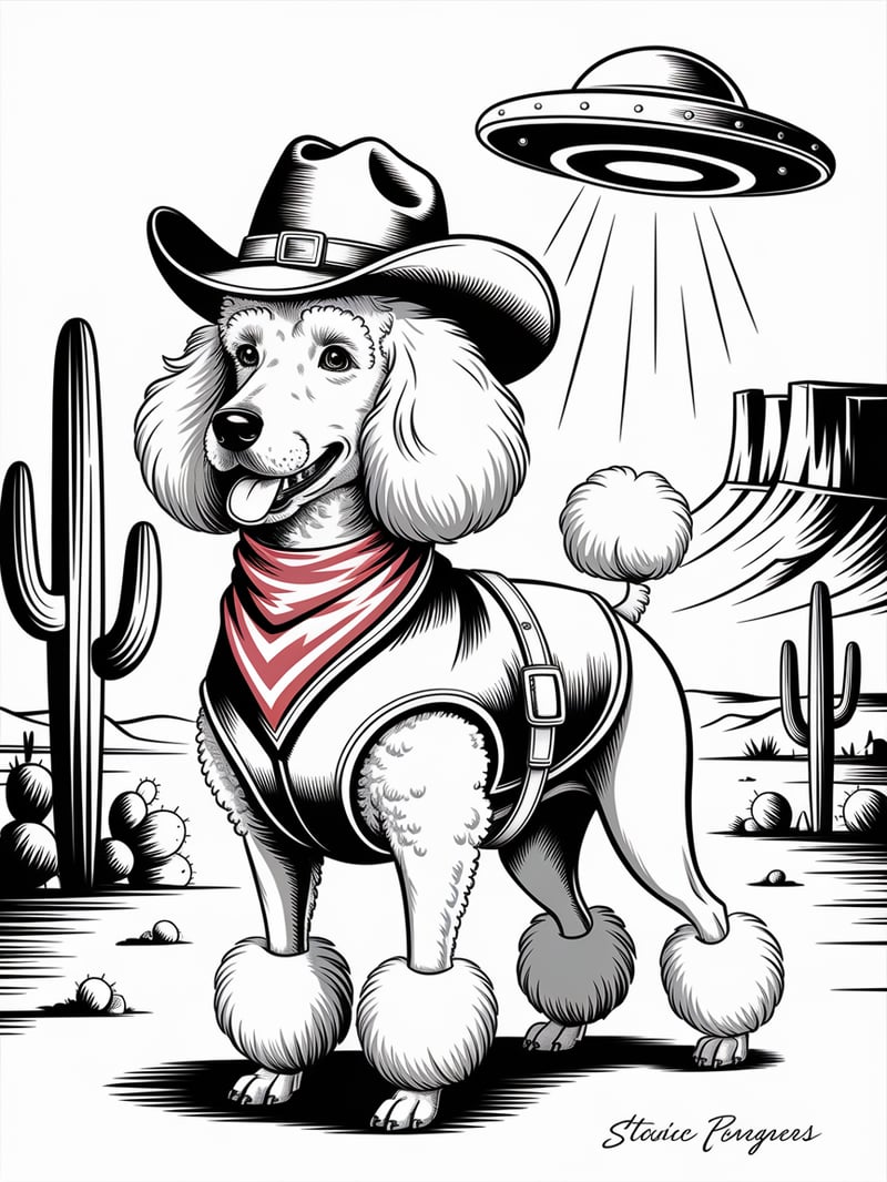 Cowboy Poodle with UFO in Western Scene