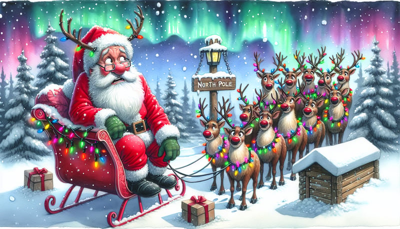 Whimsical Santa and Tangled Reindeer