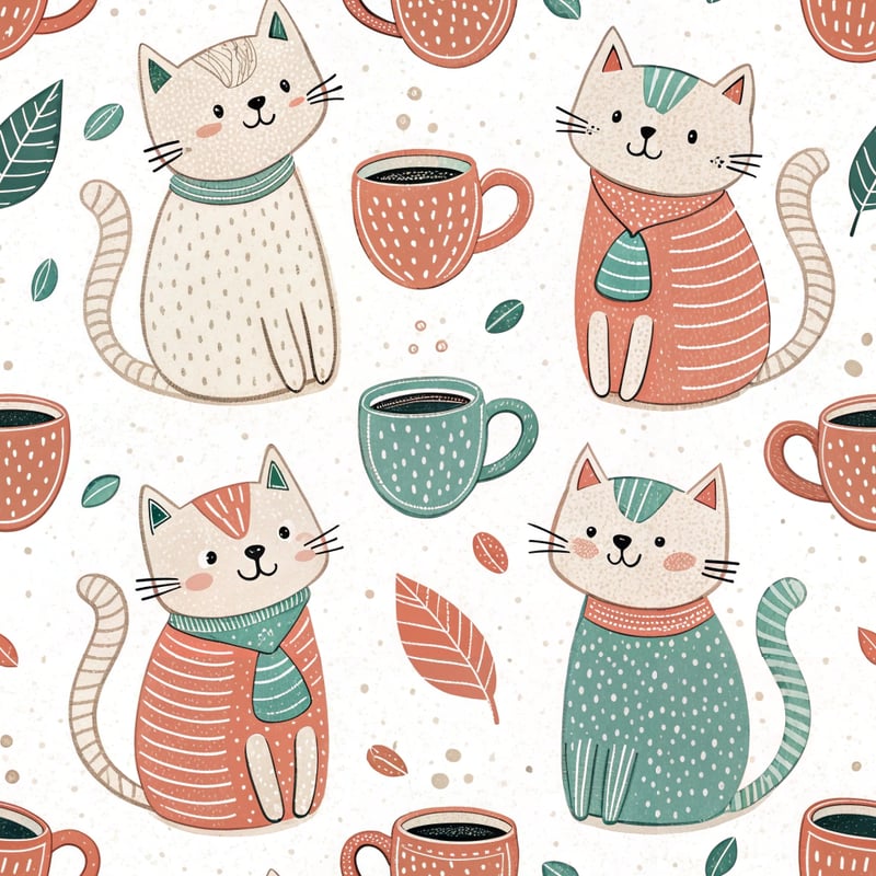 Playful Cats with Coffee Mugs Pattern