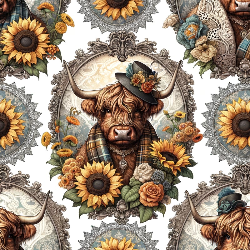 Highland Cows in Floral Vintage Frames