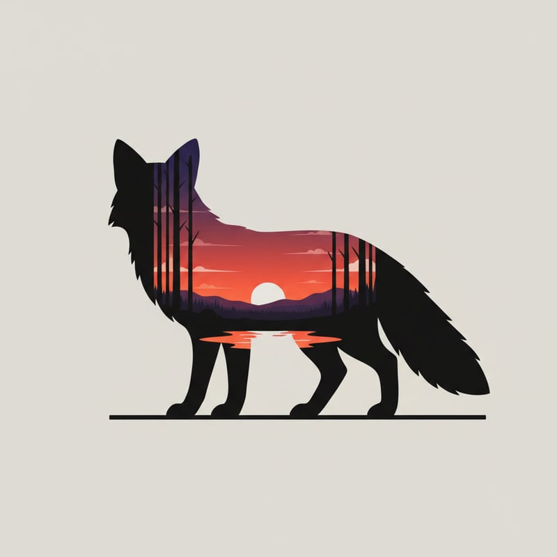 Black Fox Silhouette with Twilight Landscape