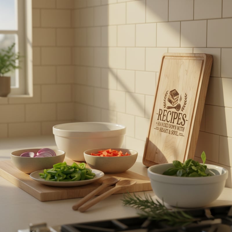 Cozy Kitchen Scene with Engraved Cutting Board