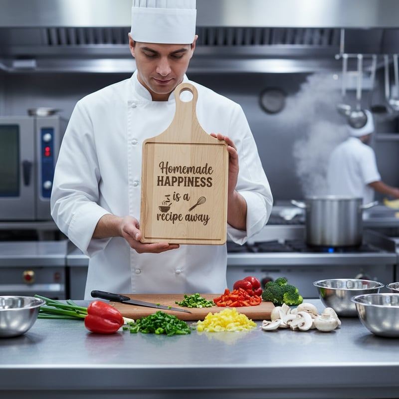 Chef Holding Engraved Board in Kitchen
