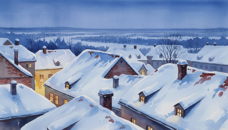 Reflective Snow on Village Rooftops