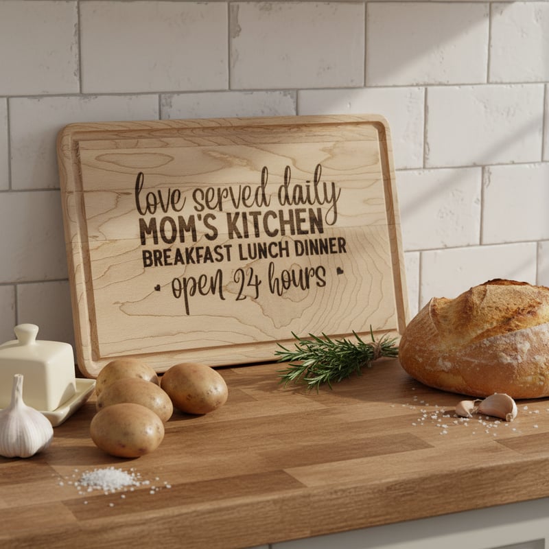 Engraved Wooden Board in Cozy Kitchen