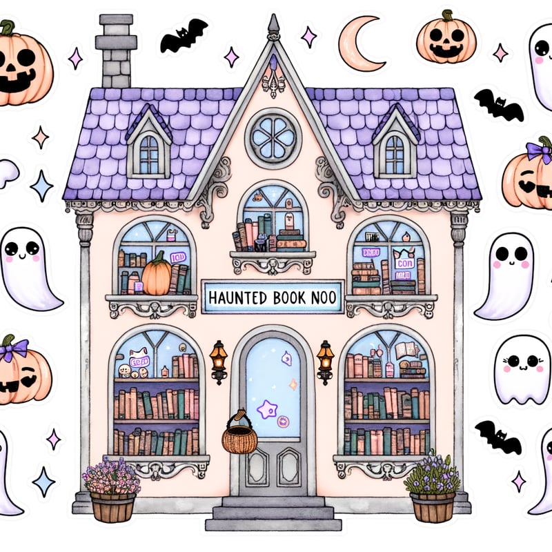 Whimsical Haunted Bookstore Illustration