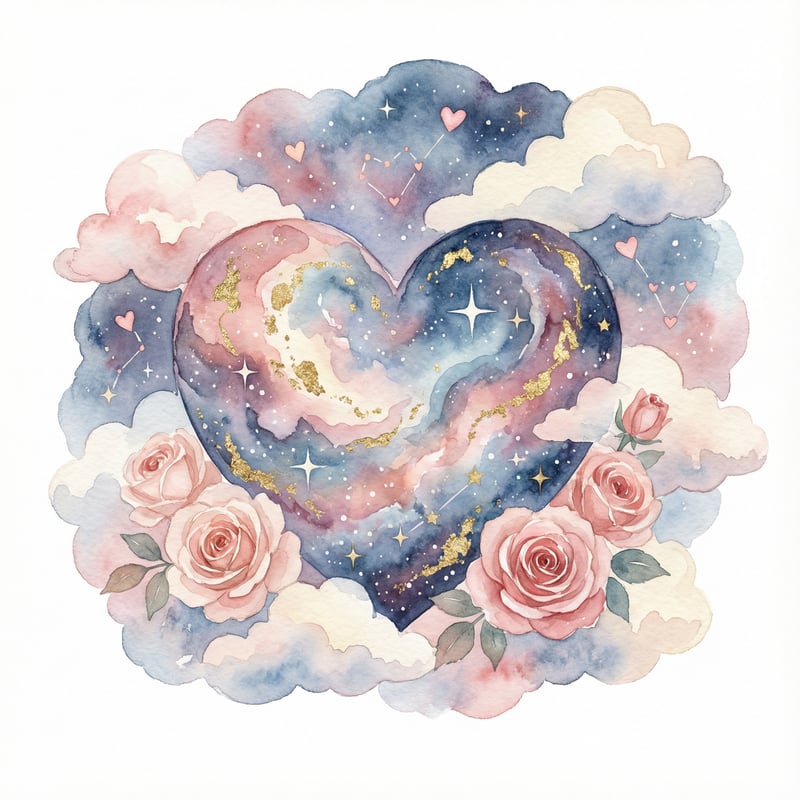 Celestial Heart with Watercolor Clouds
