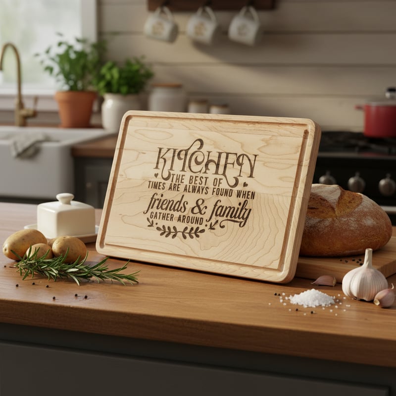 Engraved Wooden Board in Cozy Kitchen