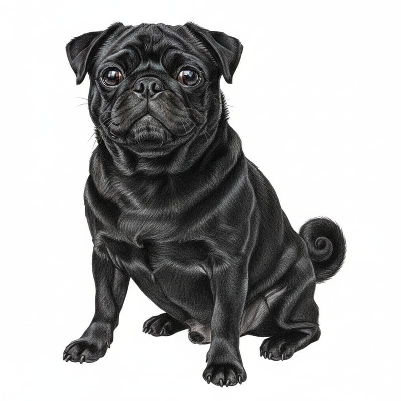 Realistic Black Pug Colored Pencil Drawing