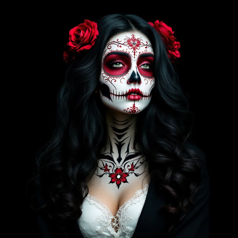 Skull Face Woman with Roses