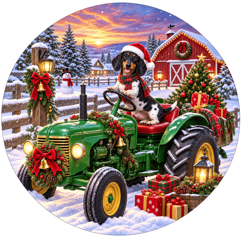 Christmas Dachshund on Green Tractor