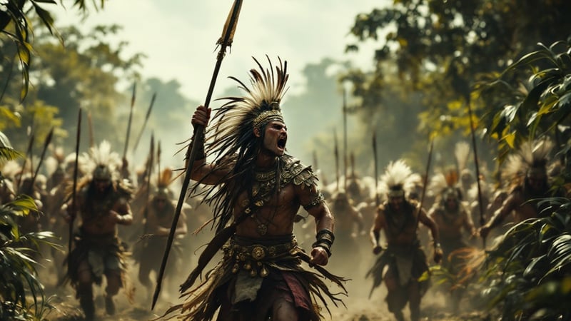 Angry Aztec Warrior Charging in Jungle