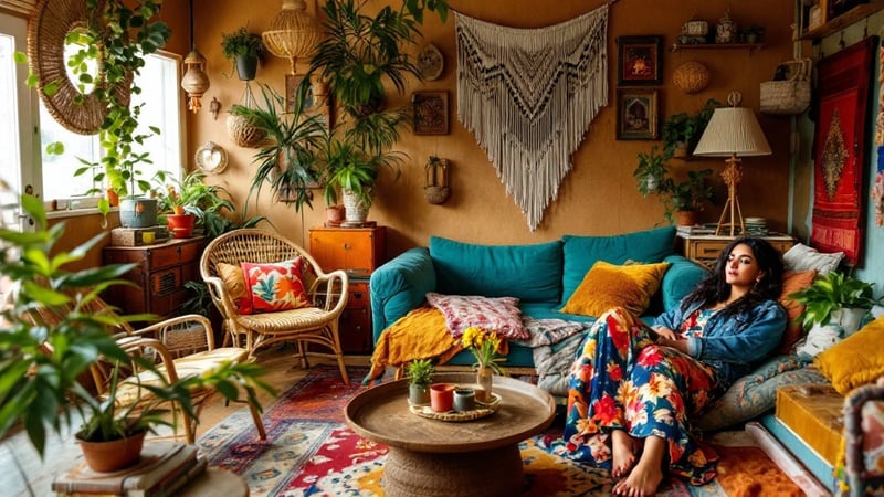 Colorful Boho Mobile Home Living Room