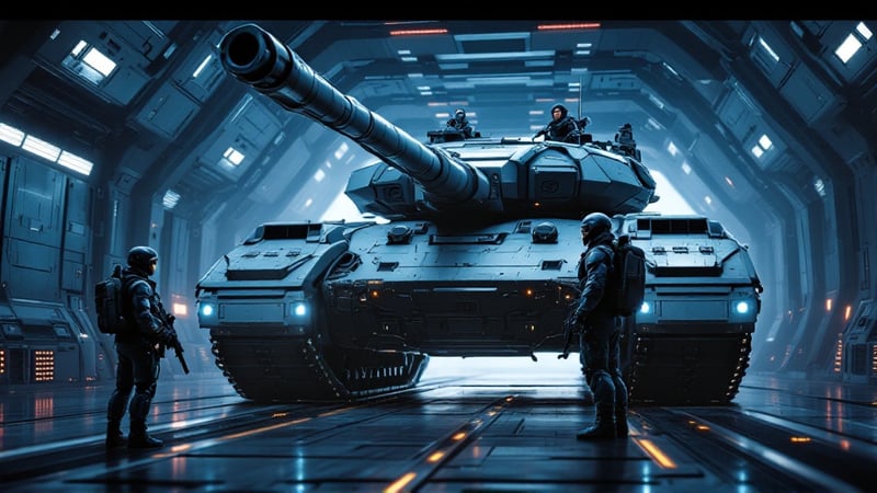 Futuristic Sci-Fi Battle Tank in Hangar