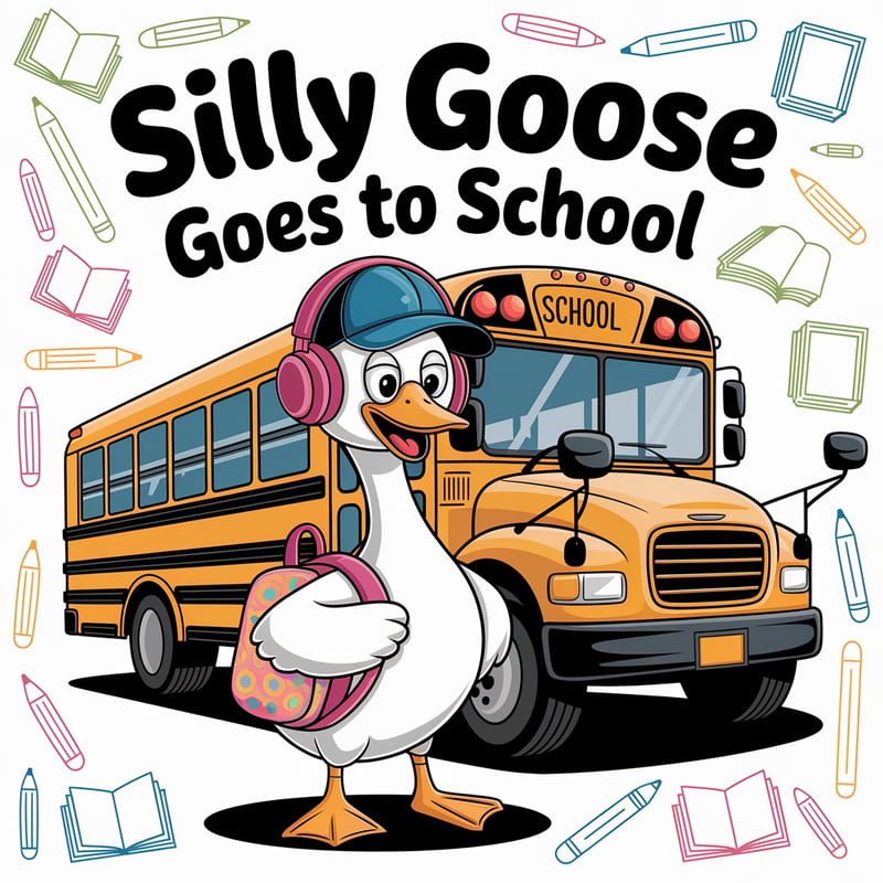 Quirky Cartoon Goose with School Bus