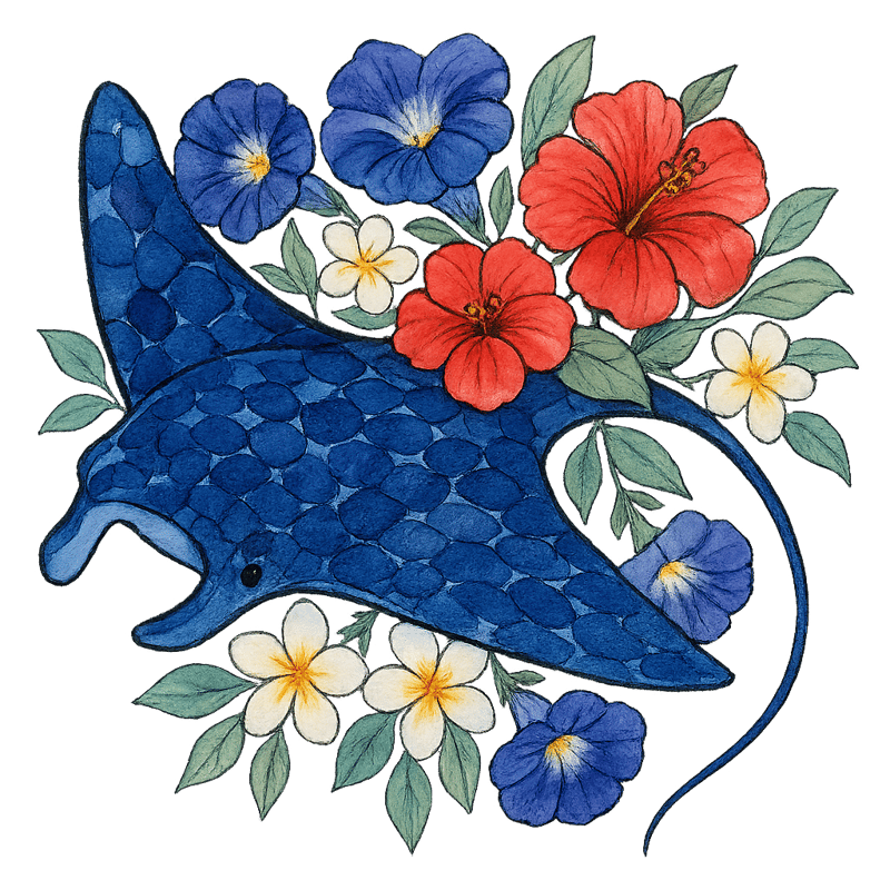 Watercolor Manta Ray with Floral Design