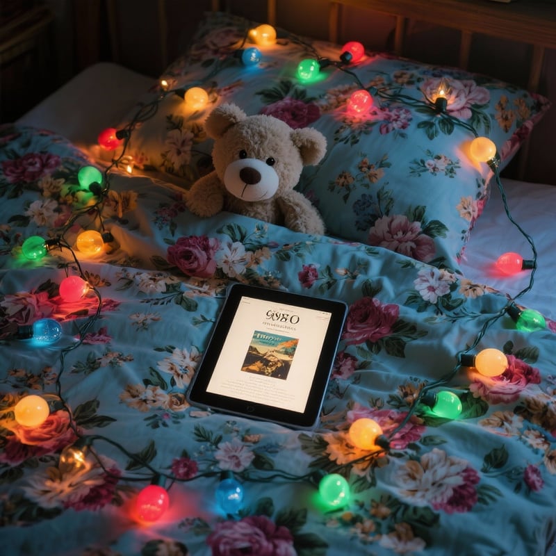 Cozy 90s Floral Bed with Christmas Bulbs